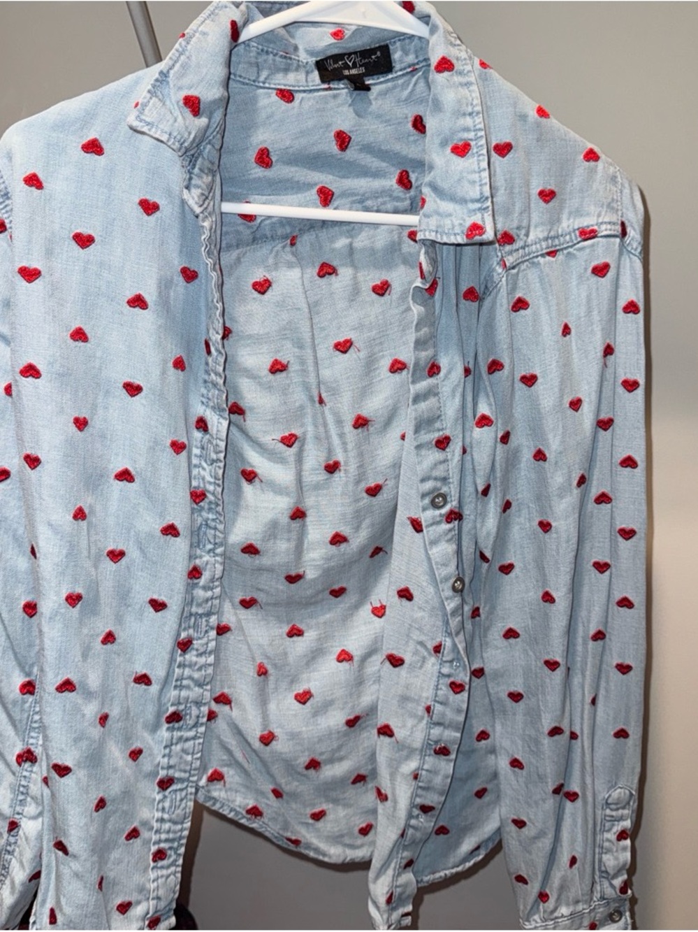 Light Blue Denim Shirt with Red Heart Embroidery - Women